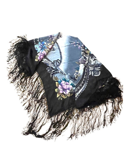 Vintage 1980s Beautiful pink flower wrap scarf coverup with fringe Large