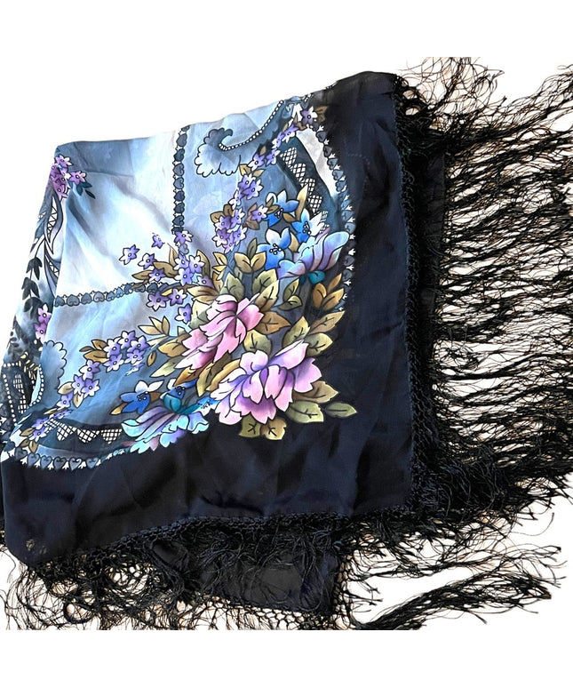 Vintage 1980s Beautiful pink flower wrap scarf coverup with fringe Large