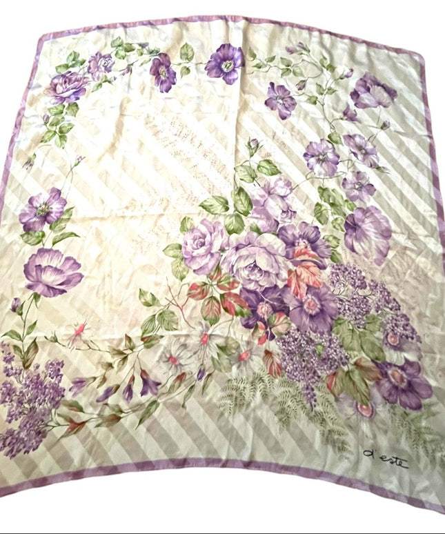 Vintage 1980s D este Italy Italian Purple flower Large silk scarf