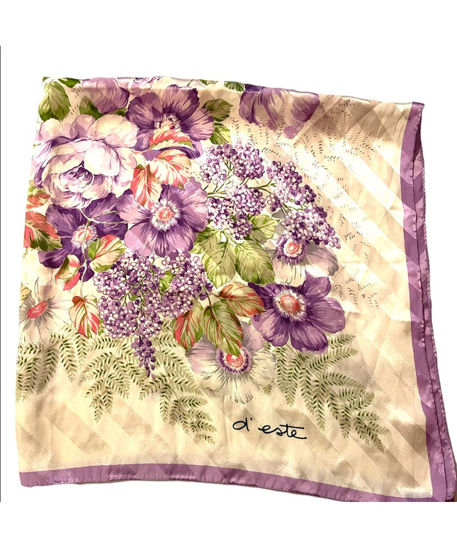 Vintage 1980s D este Italy Italian Purple flower Large silk scarf