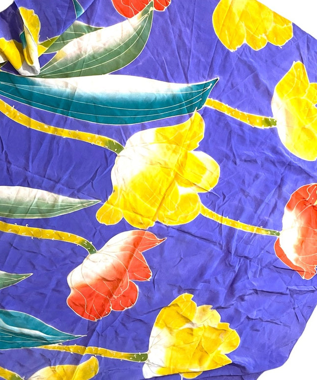 Vintage 1980s Silk large flowers Italy purple orange yellow scarf