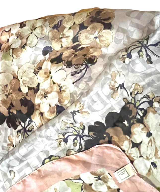 1990s Dana Buchman flower gray and pink DB Signature scarf Poly silk feel