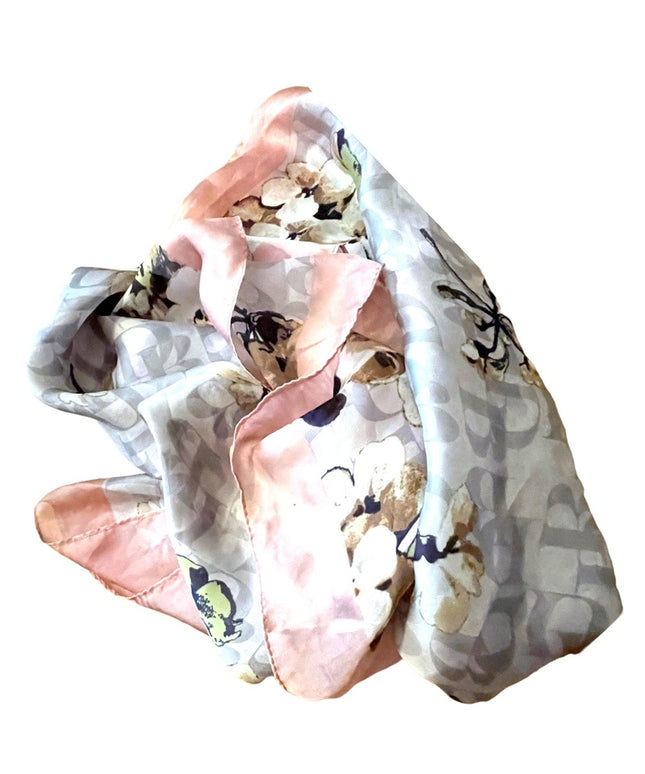 1990s Dana Buchman flower gray and pink DB Signature scarf Poly silk feel