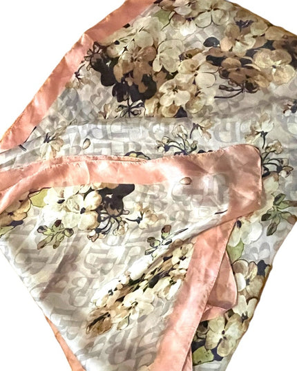 1990s Dana Buchman flower gray and pink DB Signature scarf Poly silk feel