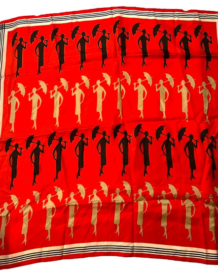 Vintage 1960s ECHO Lady with umbrella fancy print scarf Silk mix red black