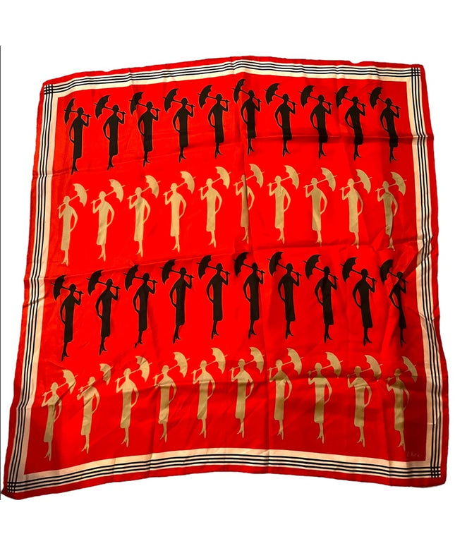 Vintage 1960s ECHO Lady with umbrella fancy print scarf Silk mix red black