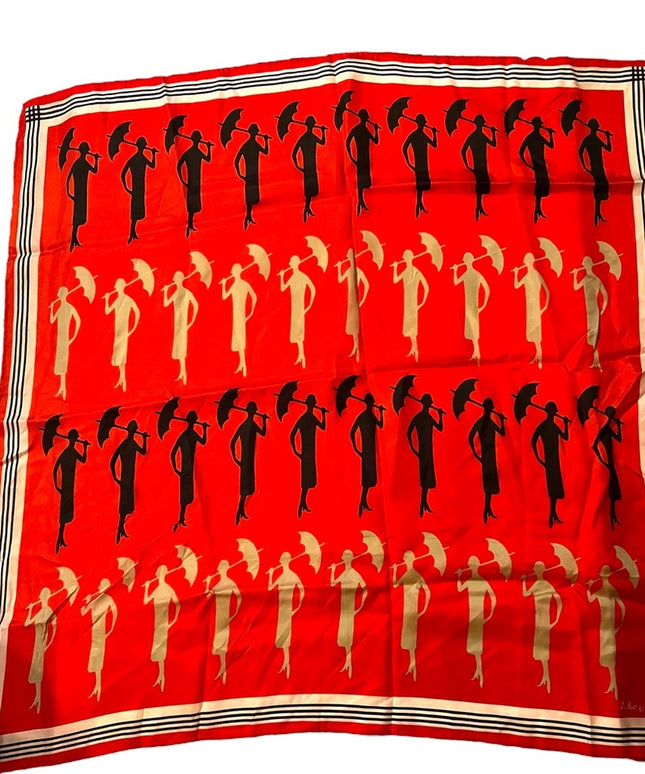 Vintage 1960s ECHO Lady with umbrella fancy print scarf Silk mix red black