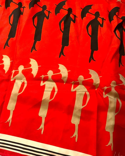 Vintage 1960s ECHO Lady with umbrella fancy print scarf Silk mix red black
