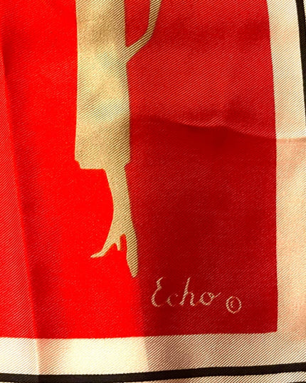 Vintage 1960s ECHO Lady with umbrella fancy print scarf Silk mix red black