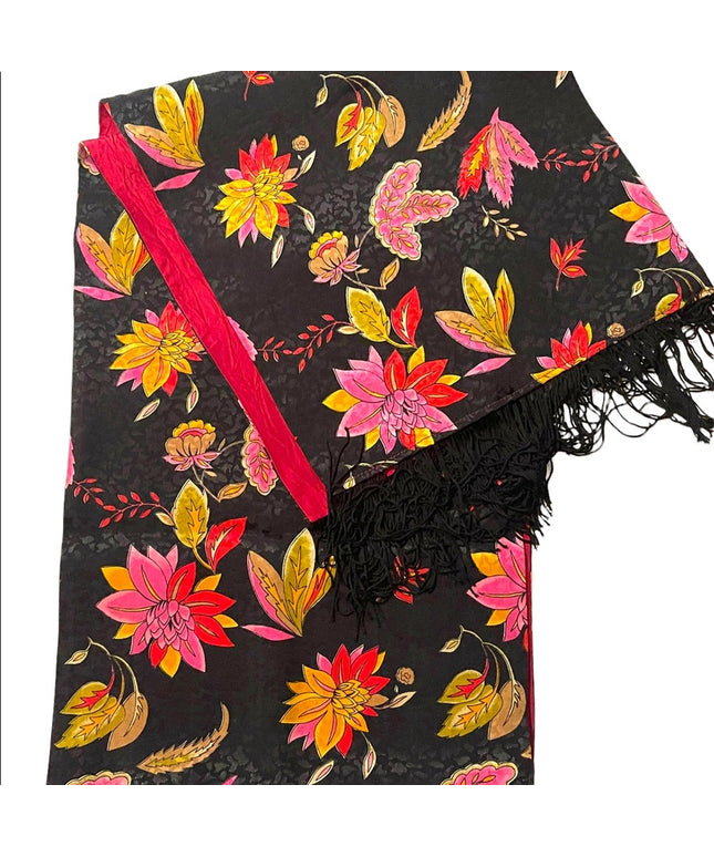 Vintage Hand made Black with colorful flowers textured fringe scarf