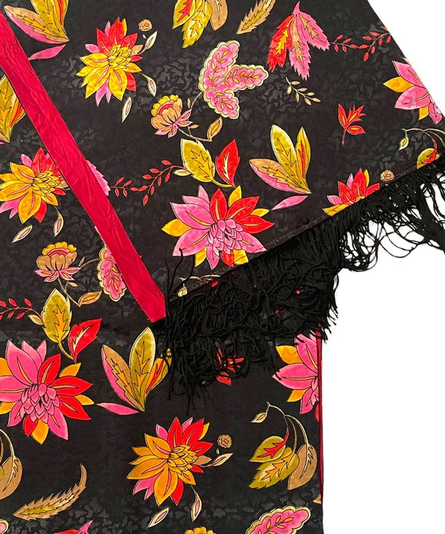 Vintage Hand made Black with colorful flowers textured fringe scarf