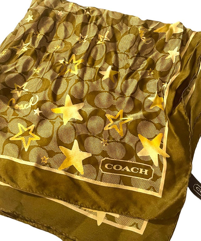Coach silk Brown gold star logo signature scarf Square