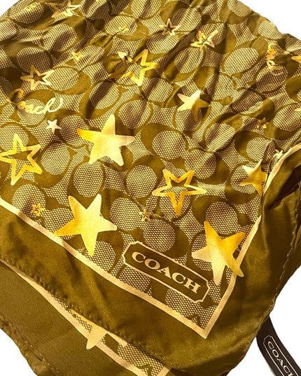 Coach silk Brown gold star logo signature scarf Square