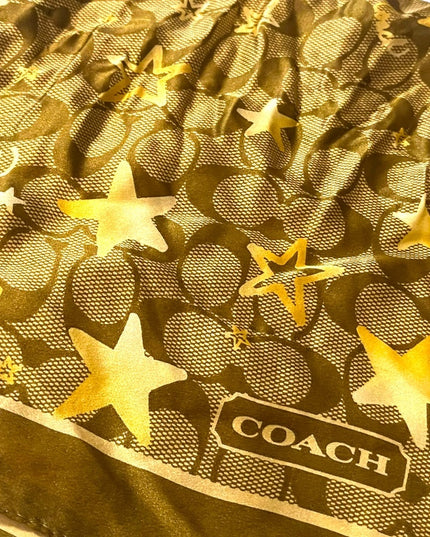 Coach silk Brown gold star logo signature scarf Square