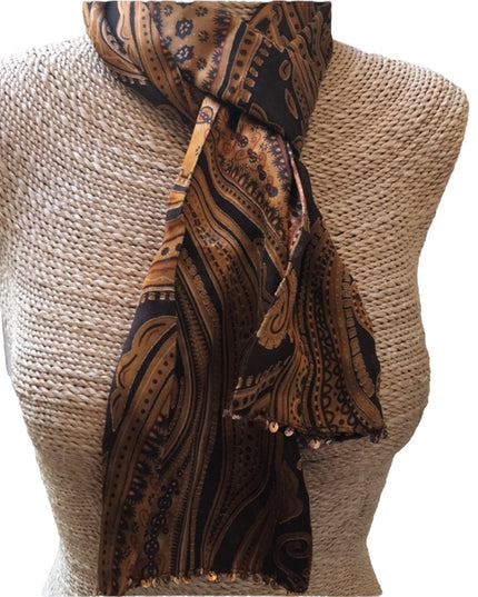Danier Silk Brown gold Paisley Scarf sequin
