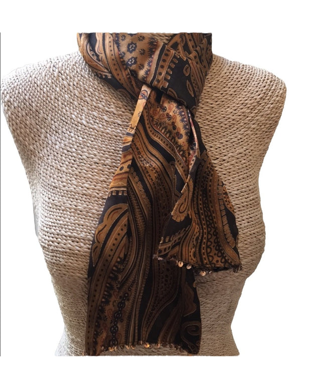 Danier Silk Brown gold Paisley Scarf sequin