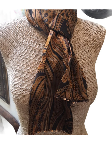 Danier Silk Brown gold Paisley Scarf sequin