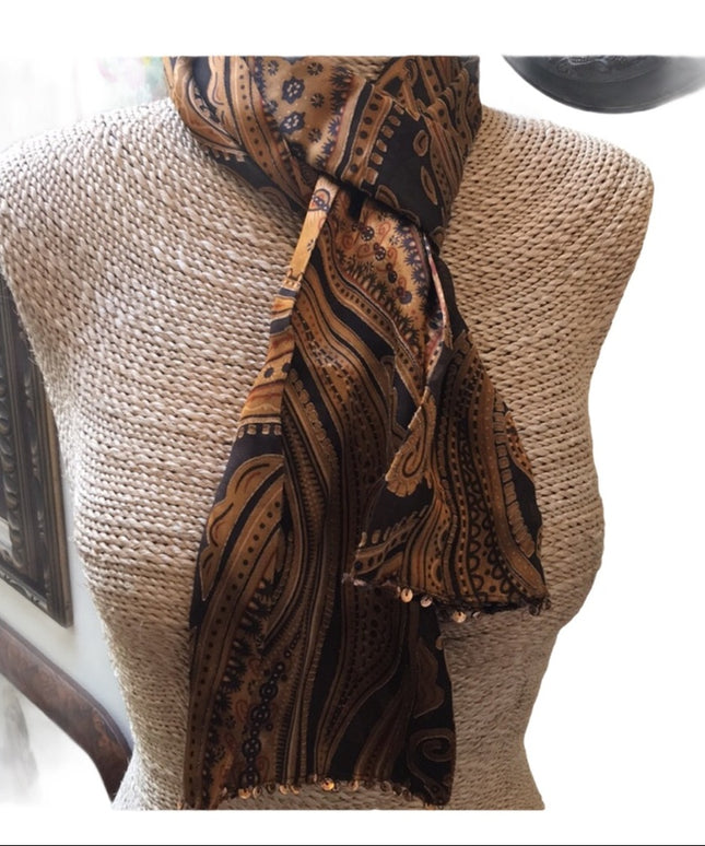 Danier Silk Brown gold Paisley Scarf sequin
