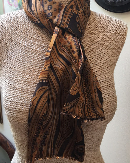 Danier Silk Brown gold Paisley Scarf sequin