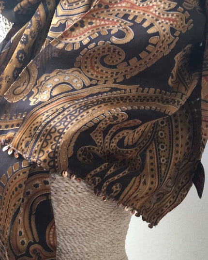 Danier Silk Brown gold Paisley Scarf sequin