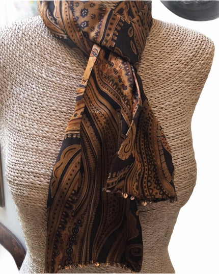 Danier Silk Brown gold Paisley Scarf sequin