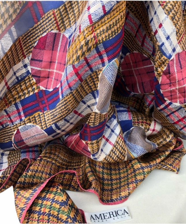 Vintage  Perry Ellis America Silk scarf Silk Very nice plaid print