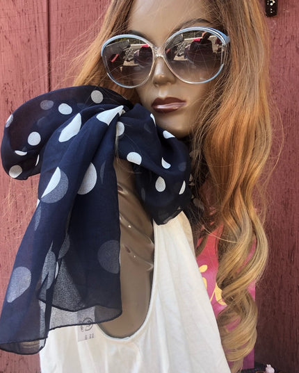 Sheer Acetate VTG Blue and white polka dots Scarf