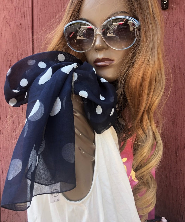 Sheer Acetate VTG Blue and white polka dots Scarf