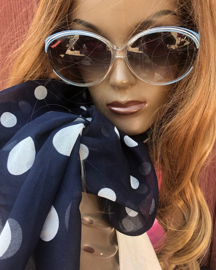 Sheer Acetate VTG Blue and white polka dots Scarf