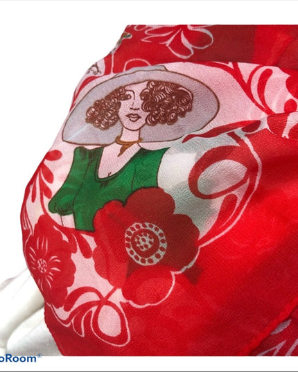 Vintage 1950s  Nylon Sheer chiffon Roaring 20s printed scarf Rare red