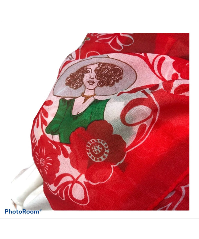 Vintage 1950s  Nylon Sheer chiffon Roaring 20s printed scarf Rare red