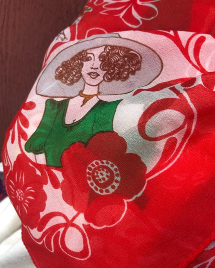 Vintage 1950s  Nylon Sheer chiffon Roaring 20s printed scarf Rare red