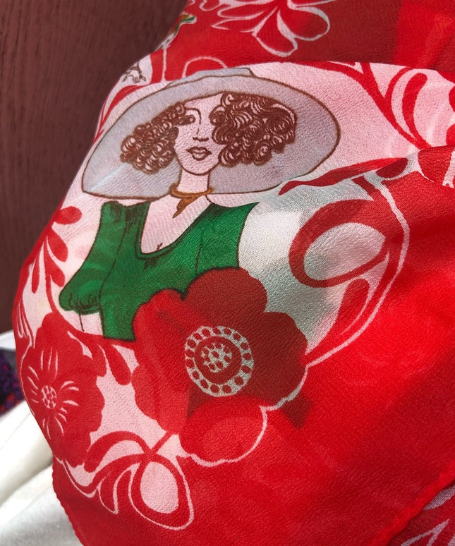 Vintage 1950s  Nylon Sheer chiffon Roaring 20s printed scarf Rare red
