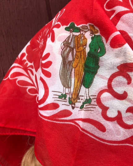 Vintage 1950s  Nylon Sheer chiffon Roaring 20s printed scarf Rare red