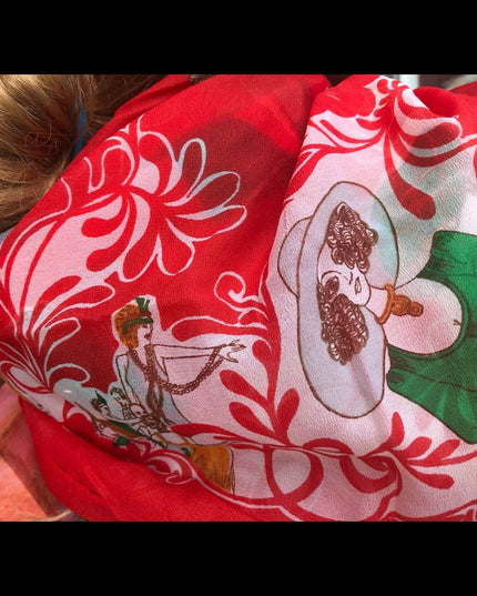 Vintage 1950s  Nylon Sheer chiffon Roaring 20s printed scarf Rare red