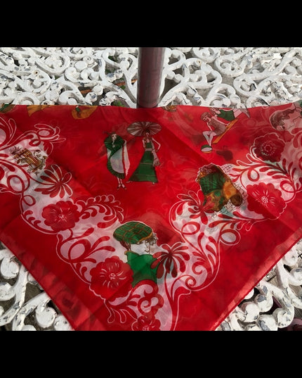 Vintage 1950s  Nylon Sheer chiffon Roaring 20s printed scarf Rare red
