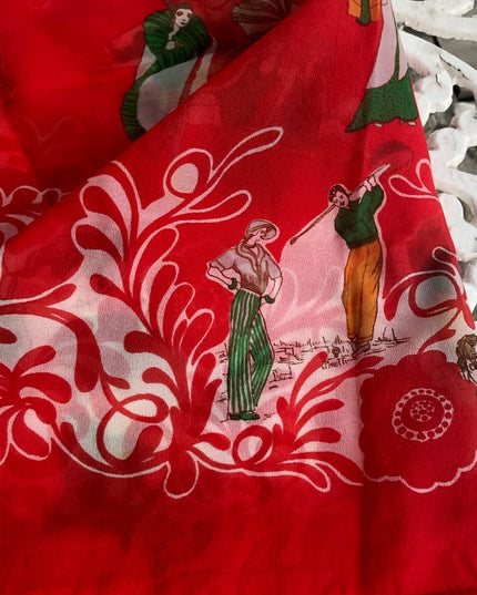 Vintage 1950s  Nylon Sheer chiffon Roaring 20s printed scarf Rare red
