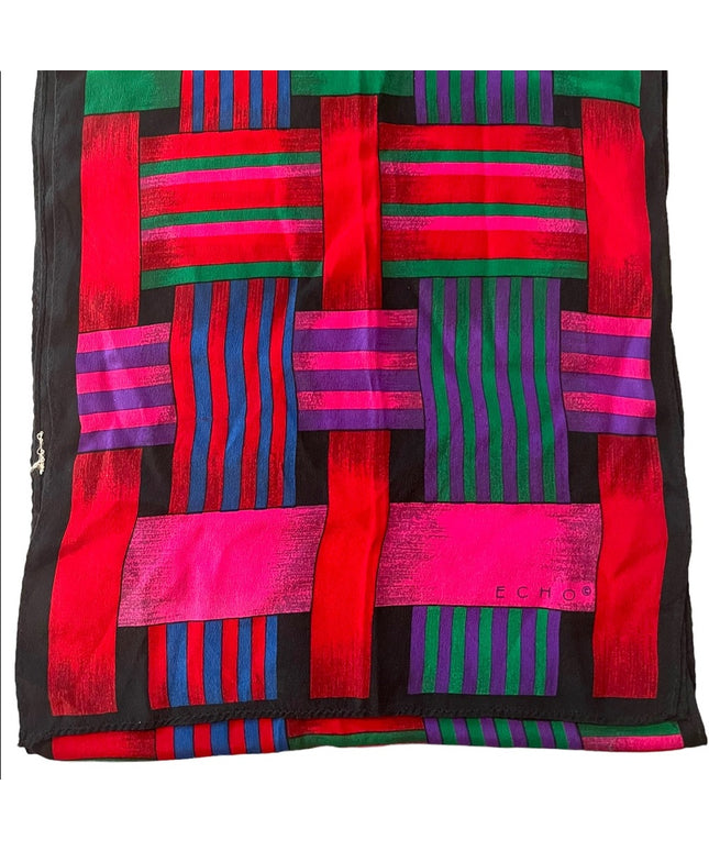 Vintage ECHO 1980s Colorful pink green purple red stripe SILK scarf Geometric