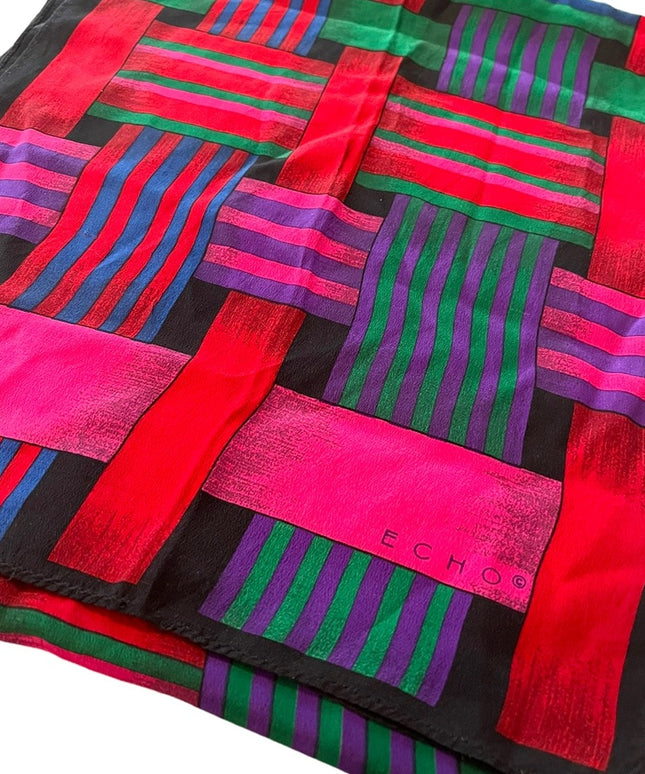 Vintage ECHO 1980s Colorful pink green purple red stripe SILK scarf Geometric