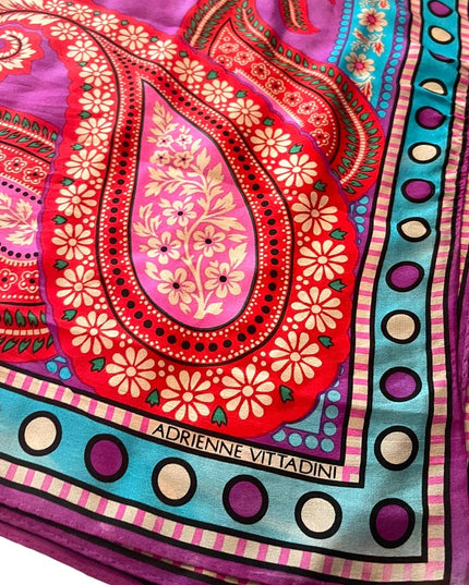 Vintage 1990s Adrienne Vittadini Purple polka dot pink Soft Silk Paisley scarf