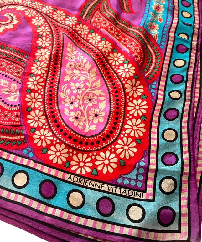 Vintage 1990s Adrienne Vittadini Purple polka dot pink Soft Silk Paisley scarf