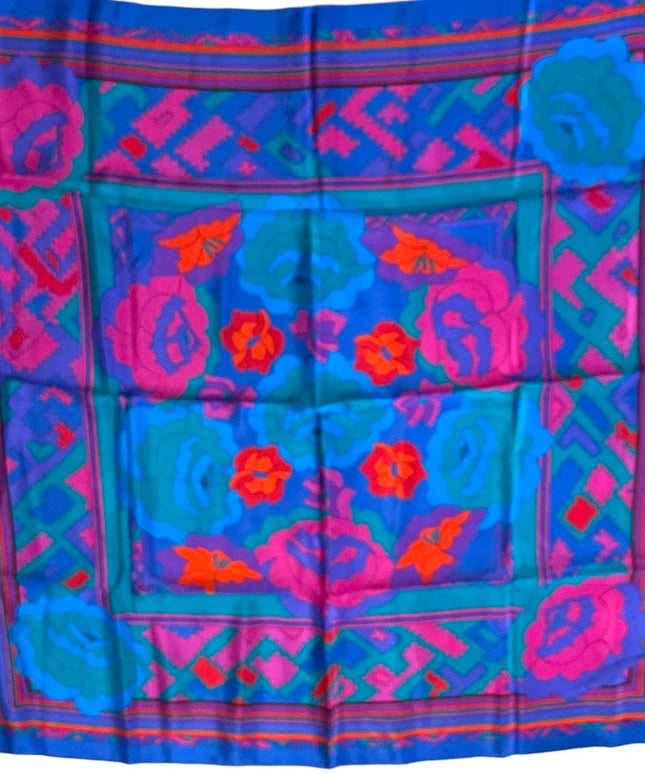 Vintage 1980s Southwest colorful flower geometric Liz Claiborne Scarf Silk