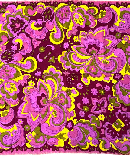 Vintage 1980s linen Floral psychedelic groovy yellow pink scarf