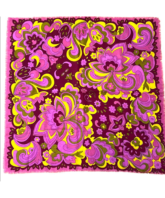 Vintage 1980s linen Floral psychedelic groovy yellow pink scarf