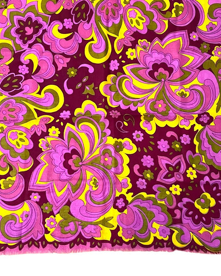 Vintage 1980s linen Floral psychedelic groovy yellow pink scarf