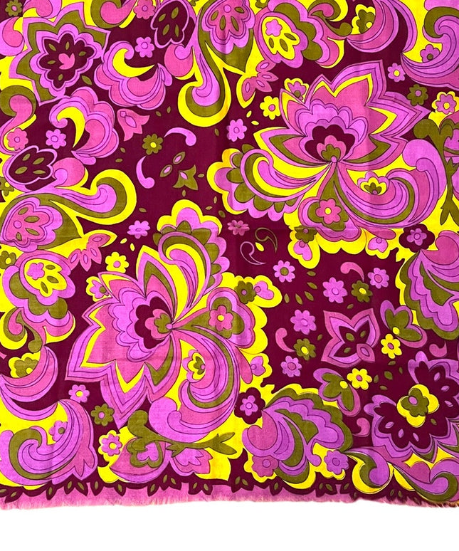 Vintage 1980s linen Floral psychedelic groovy yellow pink scarf