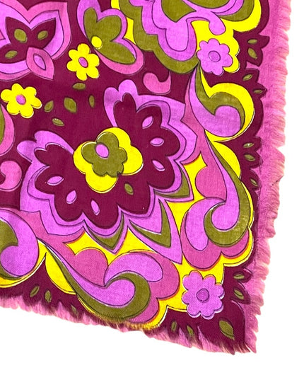 Vintage 1980s linen Floral psychedelic groovy yellow pink scarf