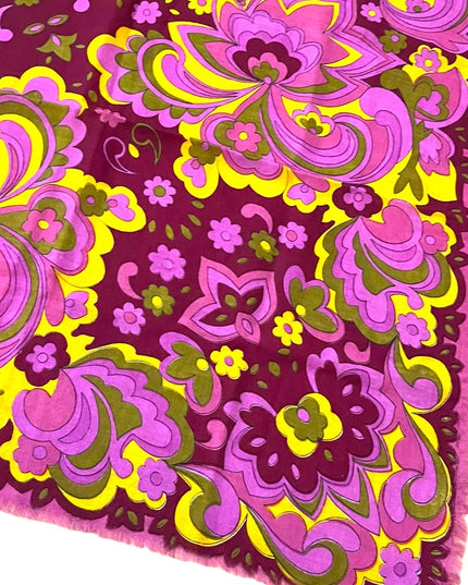 Vintage 1980s linen Floral psychedelic groovy yellow pink scarf