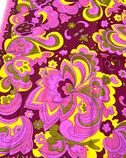 Vintage 1980s linen Floral psychedelic groovy yellow pink scarf