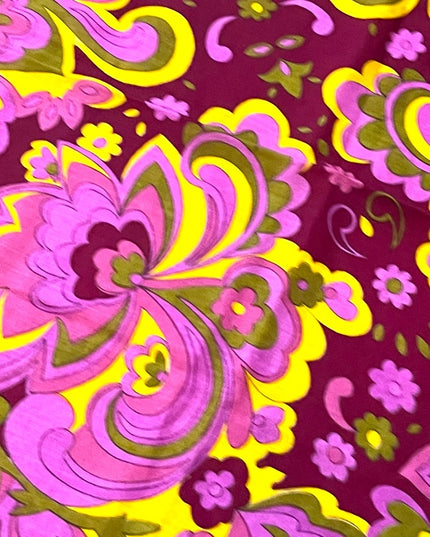 Vintage 1980s linen Floral psychedelic groovy yellow pink scarf